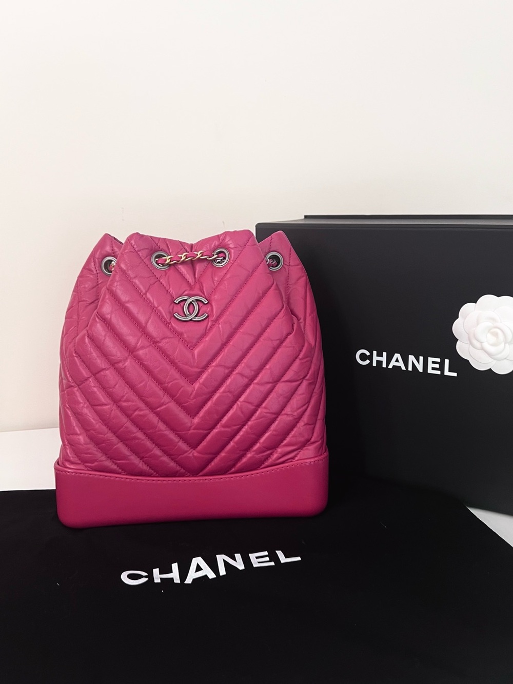 AUTHENTIC Chanel Gabrielle Backpack Pink Chevron Quilted